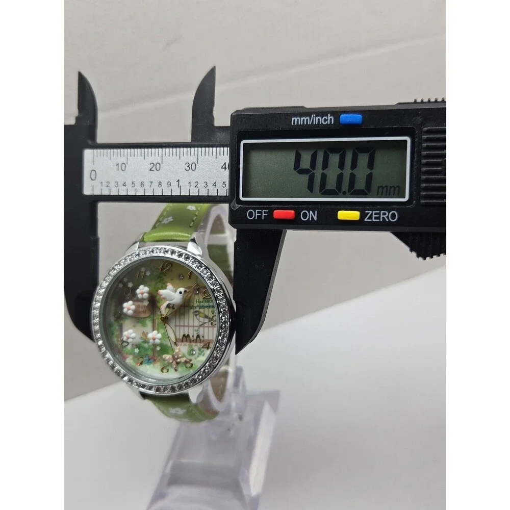Mini Watch Womens 3D Garden Bird Flower Crystal Bezel Leather Quartz New Battery